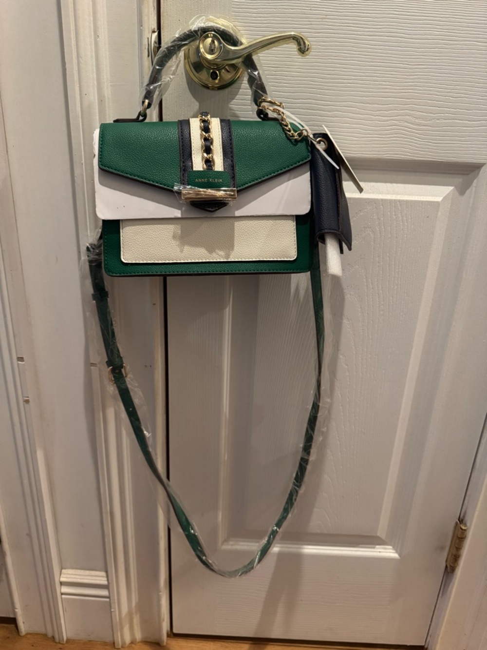 Anne Klein Green, White & Navy Colorblock Satchel with Gold Chain